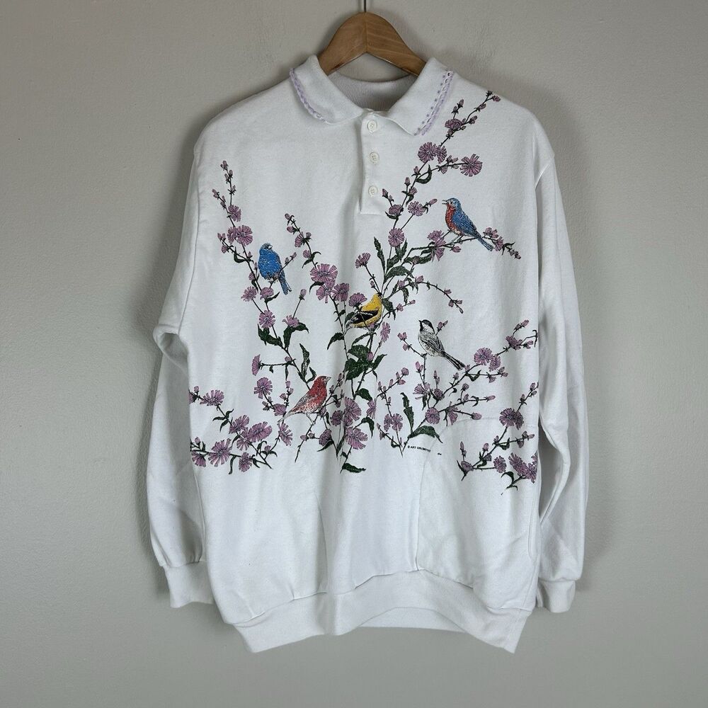 Vintage Art Unlimited Sweatshirt L All Over Print Garden Birds Cottagecore Y2K